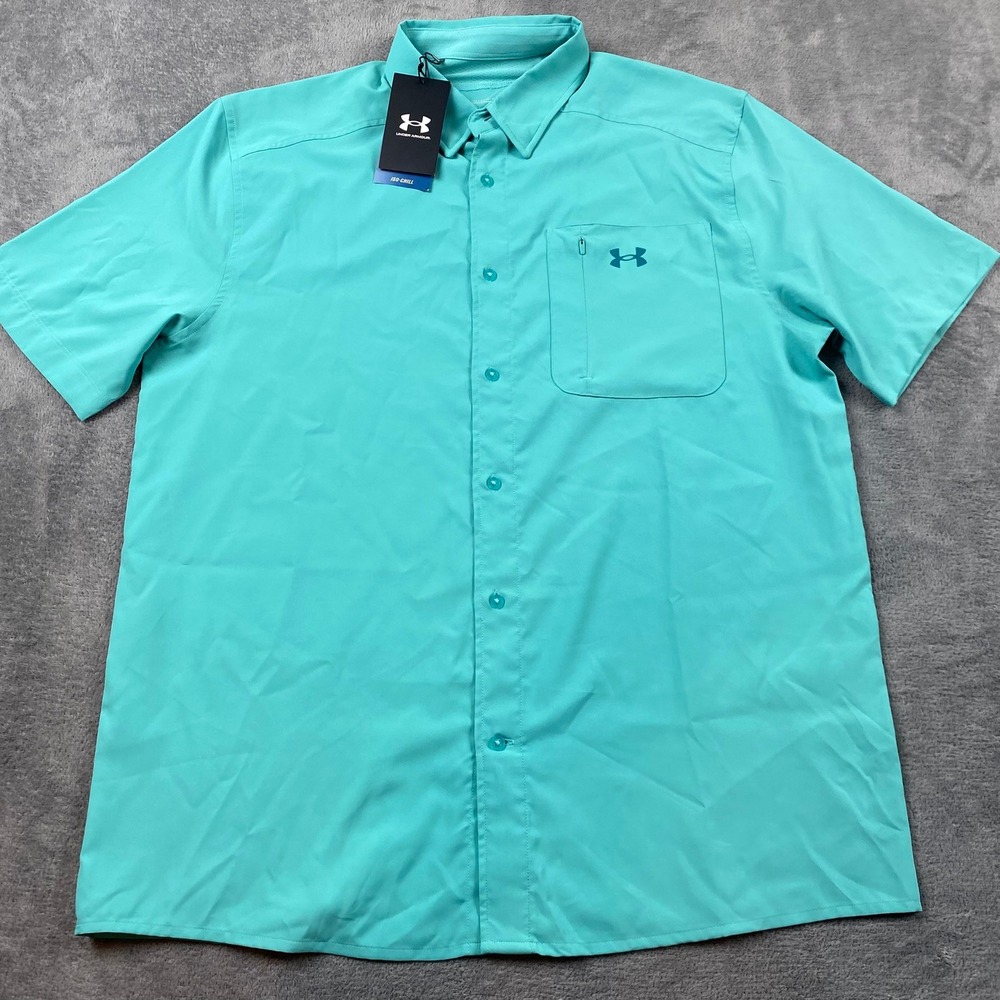 Under Armour Mens Large Shirt Teal Iso-Chill Short Sleeve Button Up Fitted